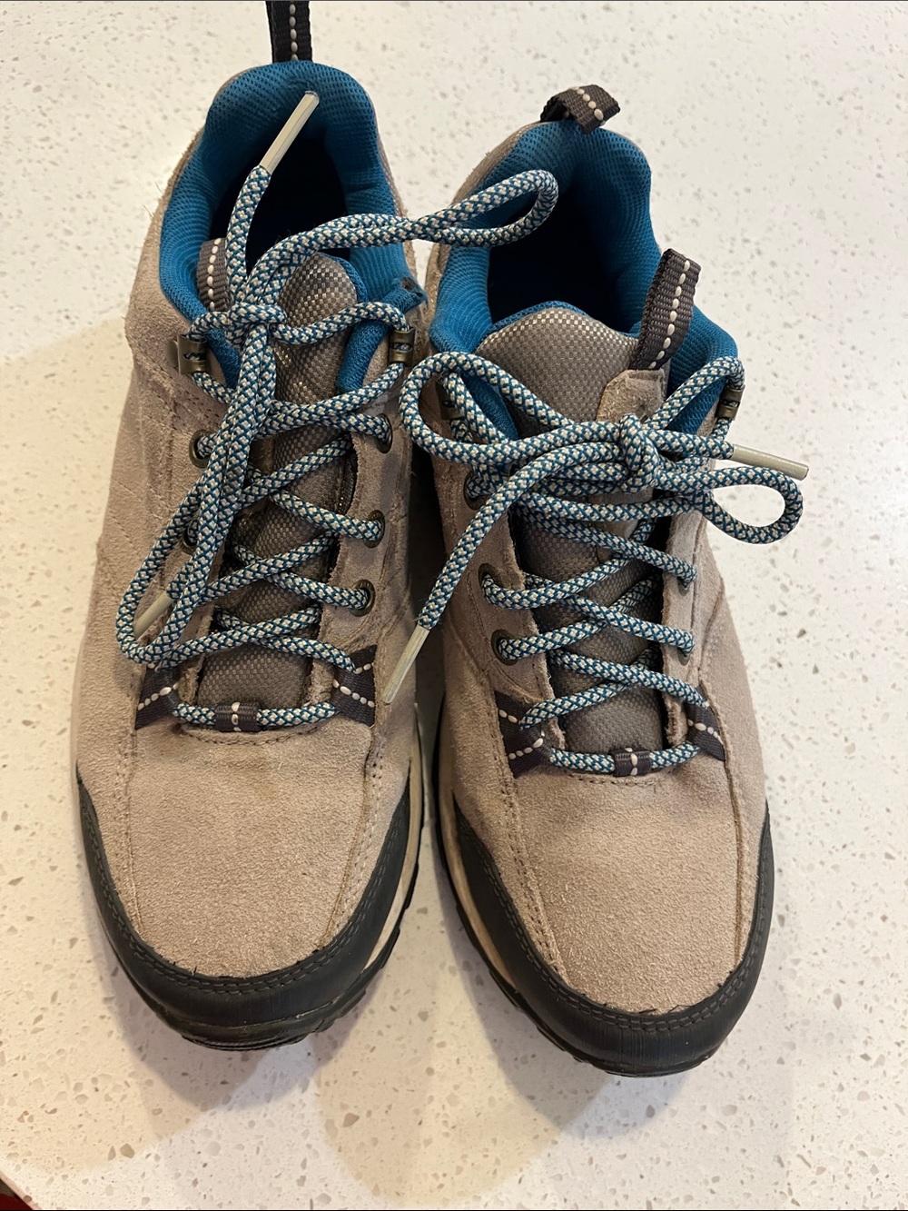 Columbia Taupe Suede Hiking Sneakers with Blue Accents
